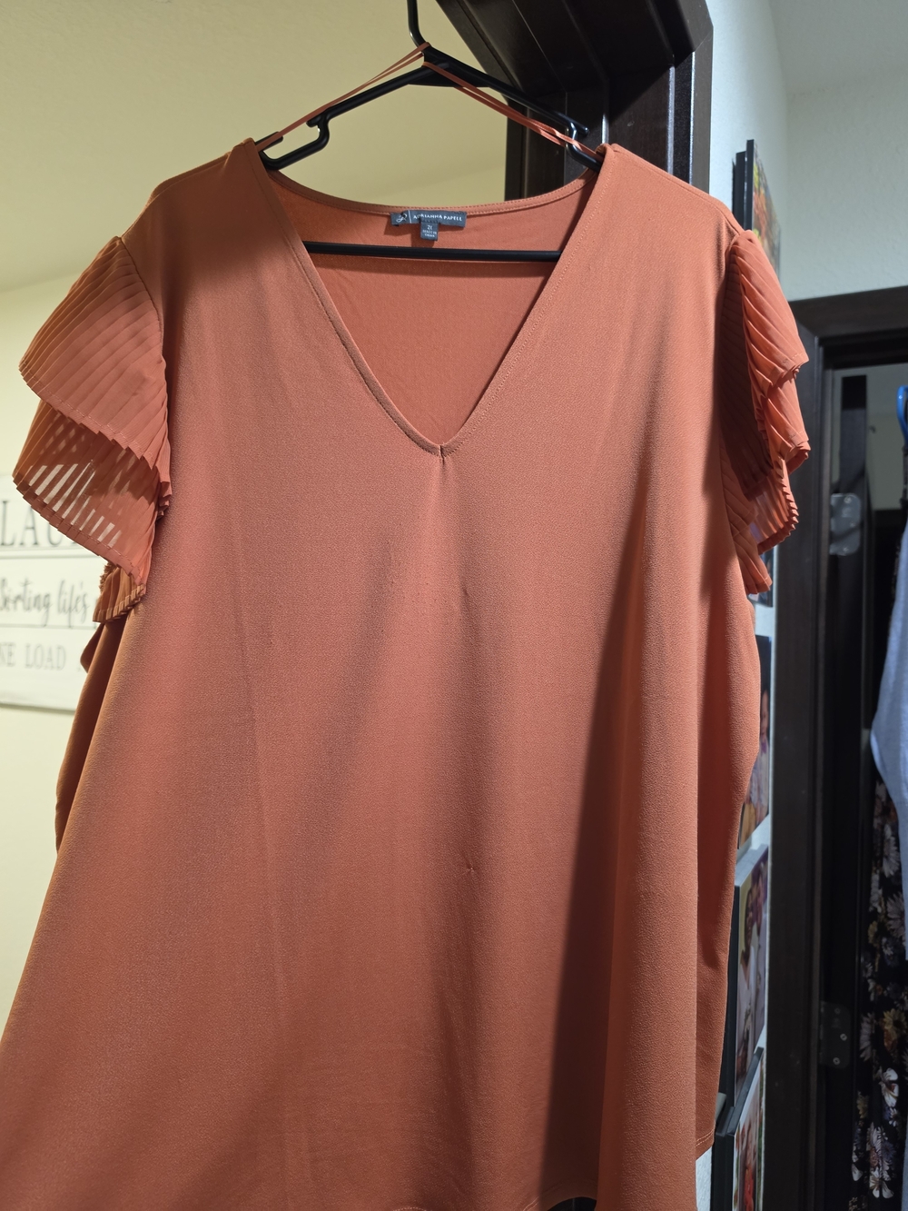 Adrienne Papell Rust Pleated Flutter Sleeve V-Neck Tunic Shirt Size 2X